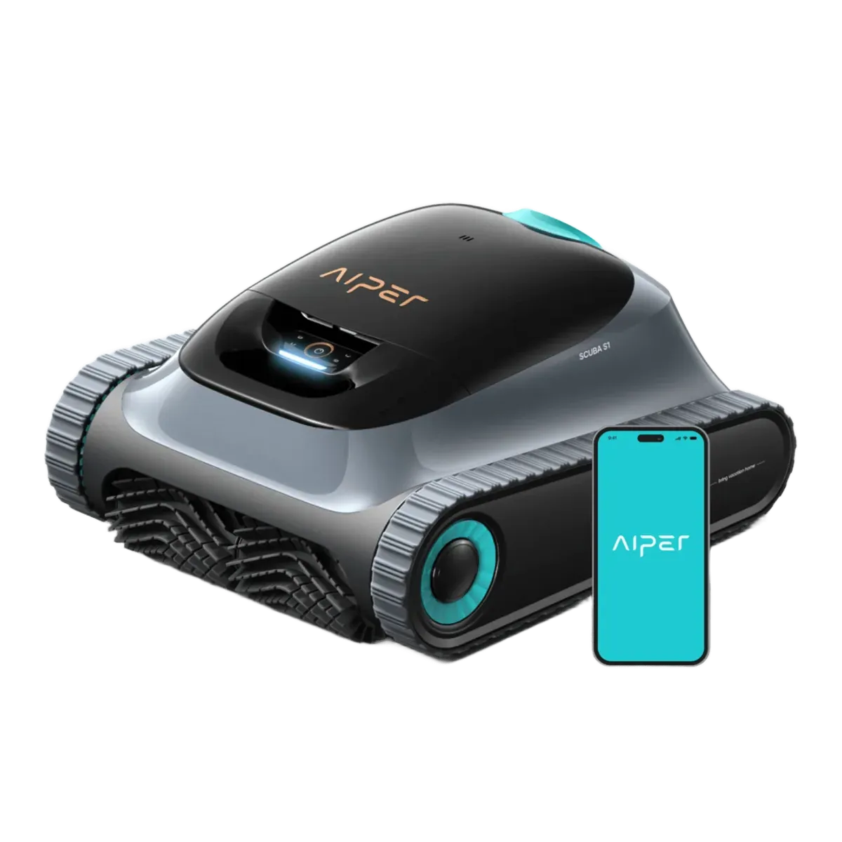 Aiper Scuba S1 robotic pool cleaner, dark grey with teal wheel accents, beside a phone showing the Aiper app logo