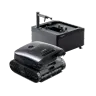 Beatbot AquaSense X robotic pool cleaner in front of its black self-emptying dock, on a white background